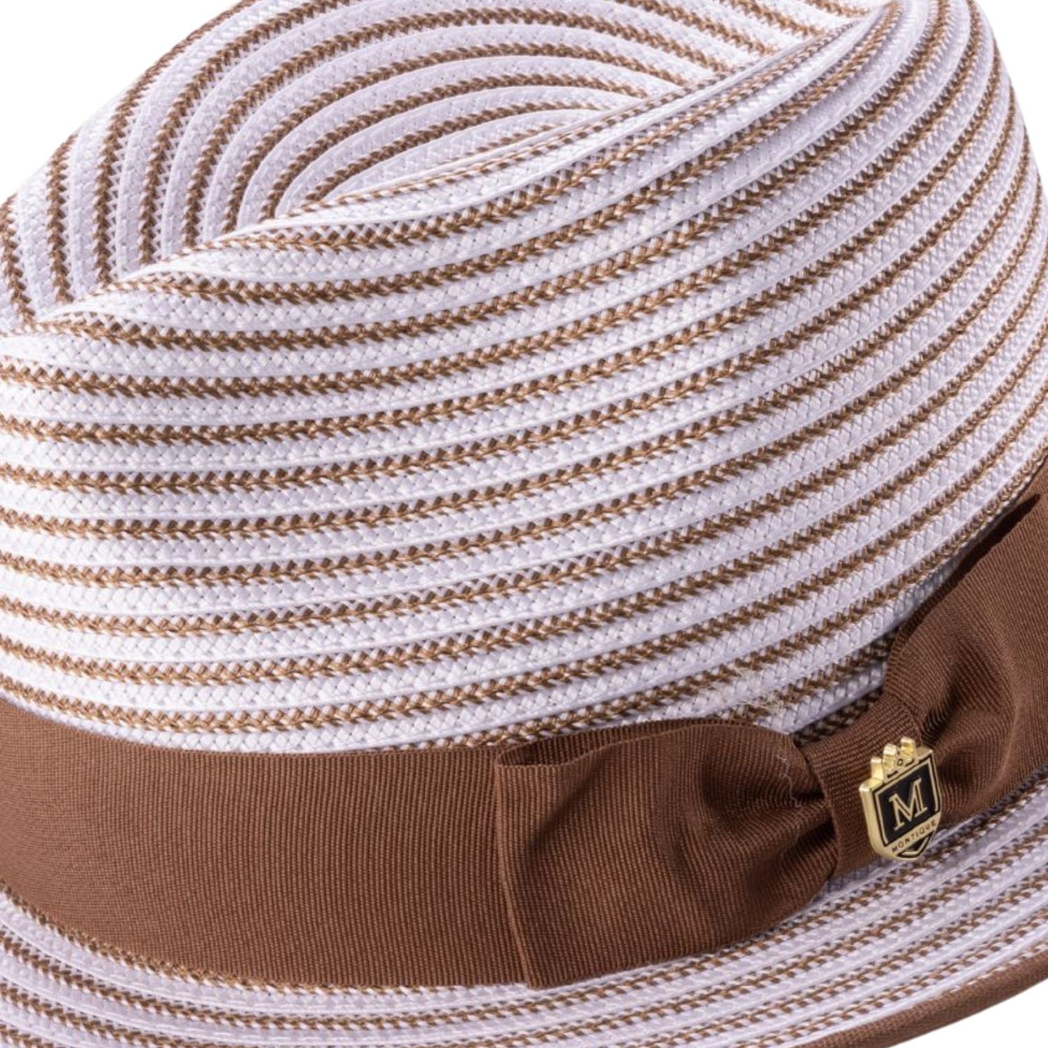 Side view of cappuccino striped fedora hat with ribbon band and 2 1/4 inch brim