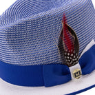 Close-up of the dual-tone grosgrain ribbon, signature Montique metal pin, and feather accent on a royal fedora.