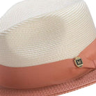 Side view of coral and white wide brim fedora hat with grosgrain ribbon
