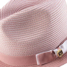 Side view of rose two tone stingy brim fedora hat with ribbon band