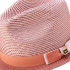 Side view of papaya two tone stingy brim fedora hat with ribbon band