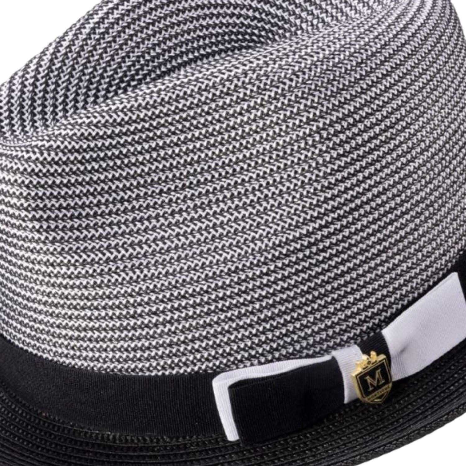 Side view of black two tone stingy brim fedora hat with ribbon band