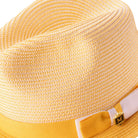 Side view of gold two tone stingy brim fedora hat with ribbon band
