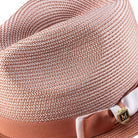 Side view of cognac two tone stingy brim fedora hat with ribbon band