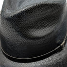 Side view black fedora hat with 3 inch brim and leather band