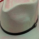 Side view ivory fedora hat with 3 inch brim and leather band