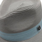 Side view of blue fedora hat with contrast band