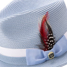 Side view carolina fedora hat with feather accent and ribbon band