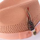 fedora ribbon band feather detail beige and white hat