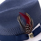 fedora ribbon band feather detail navy and white hat