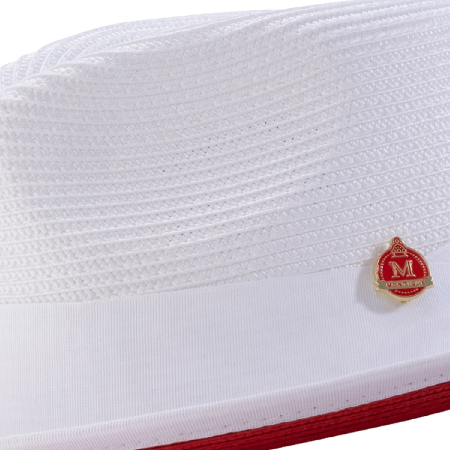Men’s white pinch crown fedora hat with red underside brim and Montique pin