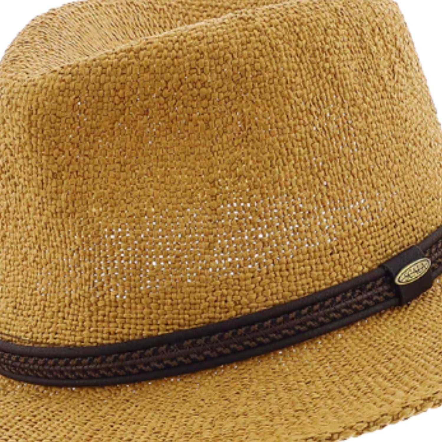 Angled view lightweight Toyo straw safari hat in tea color