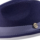 Side view purple fedora hat with white contrast brim and ribbon