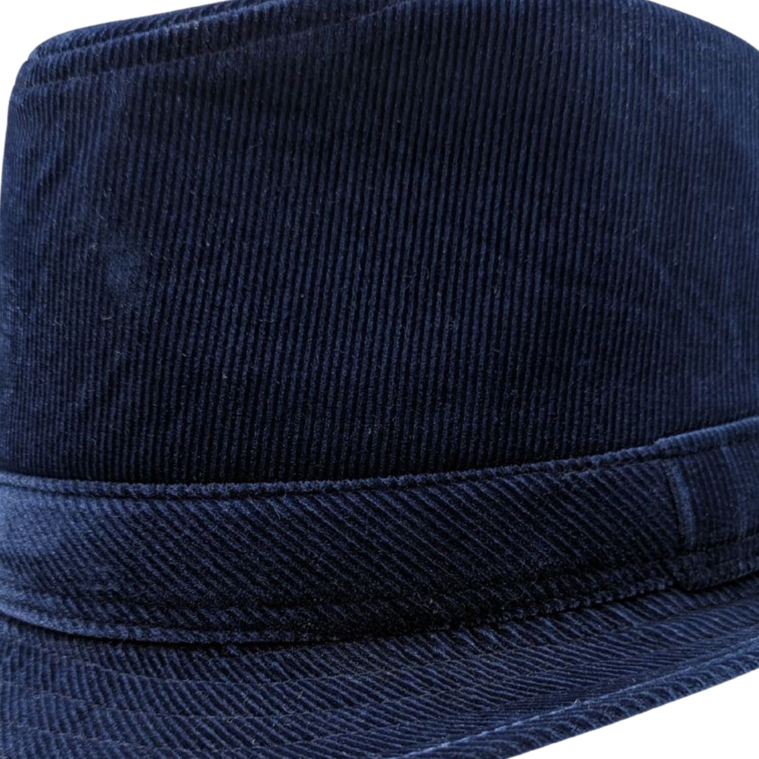 Side view cobalt corduroy fedora hat with short brim
