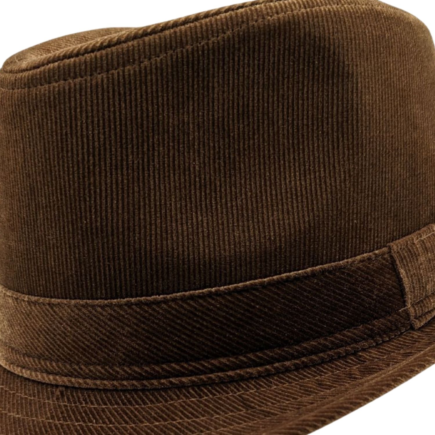 Side view khaki corduroy fedora hat with short brim