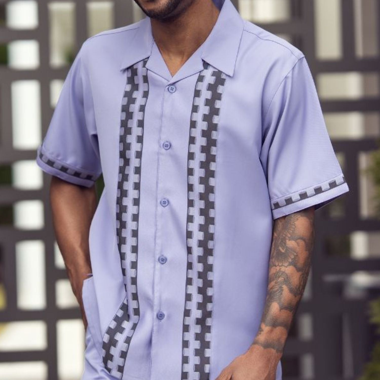 Front view of the lilac men's walking suit 2-piece set showing the shirt details.