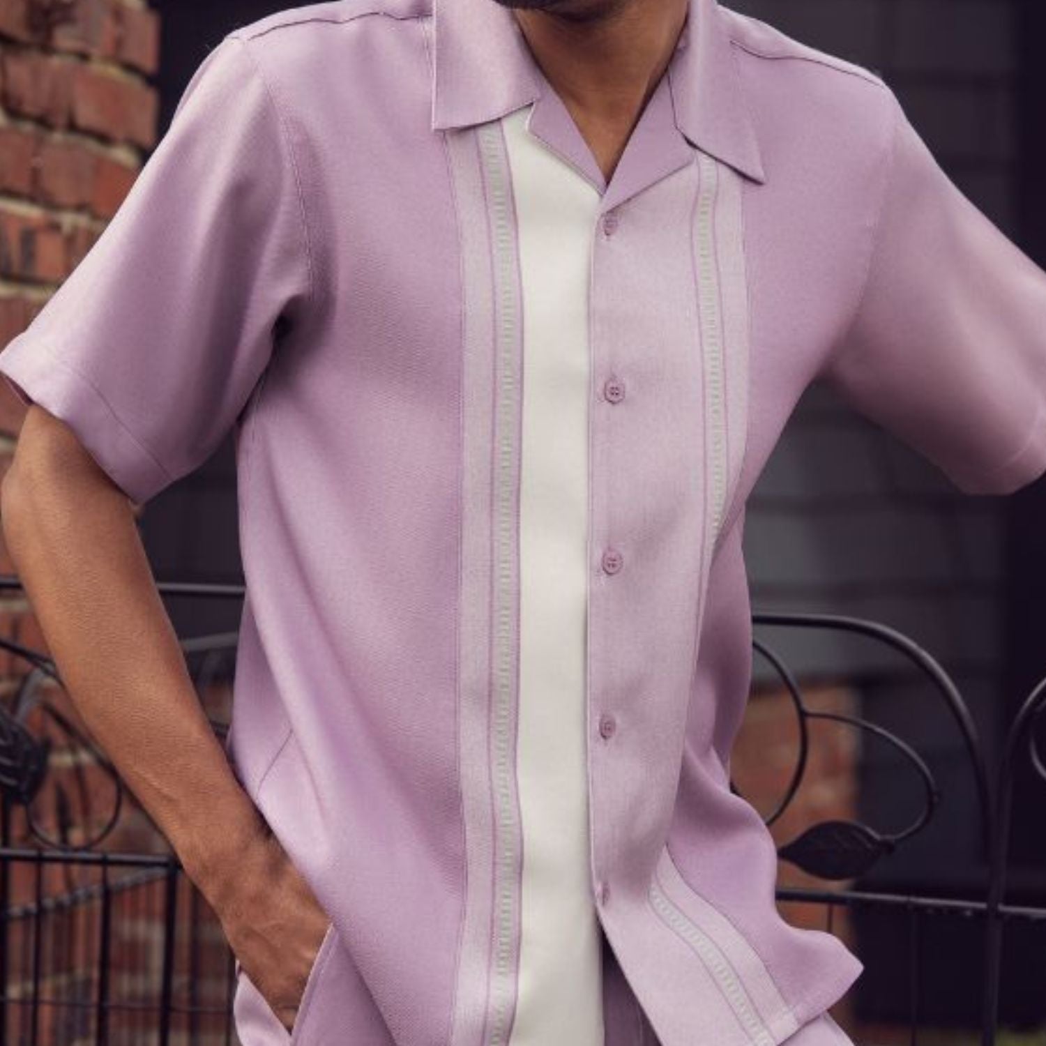 Front view of the lavender short sleeve men's walking suit shirt.