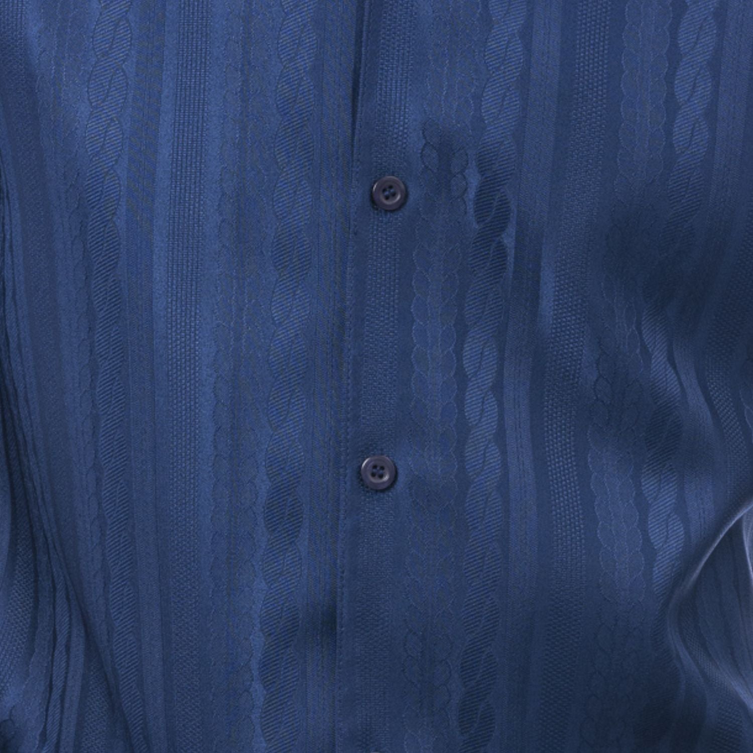 Close-up of navy walking suit shirt showing the detailed tone-on-tone cable knit texture.