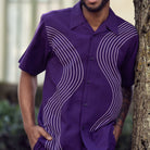 Purple polyester men's walking suit short sleeve shirt front view showing the smooth fabric and clean finish.