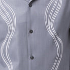 Grey polyester men's walking suit short sleeve showing tonal wavy puff panel detail on shirt