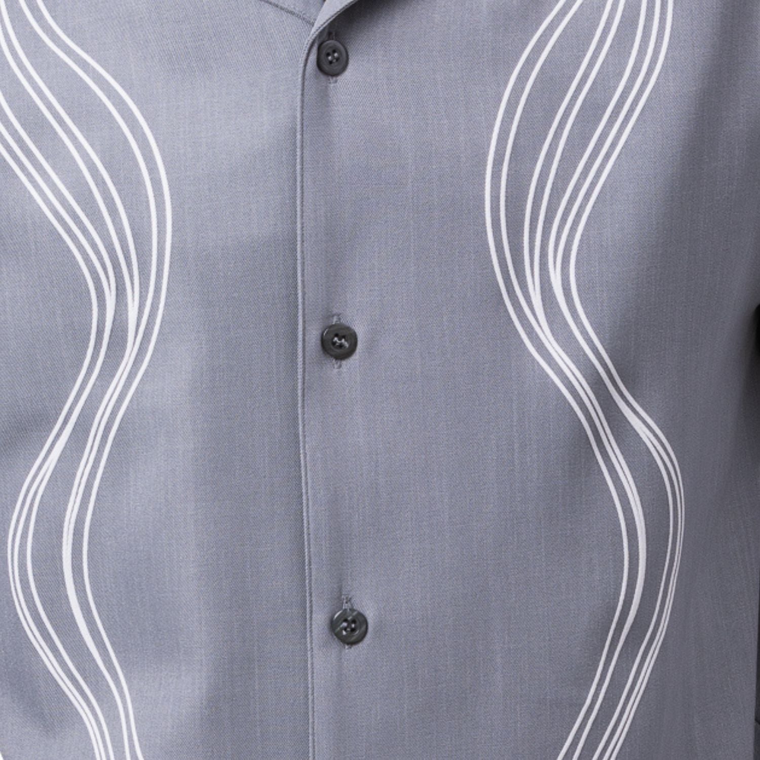 Grey polyester men's walking suit short sleeve showing tonal wavy puff panel detail on shirt