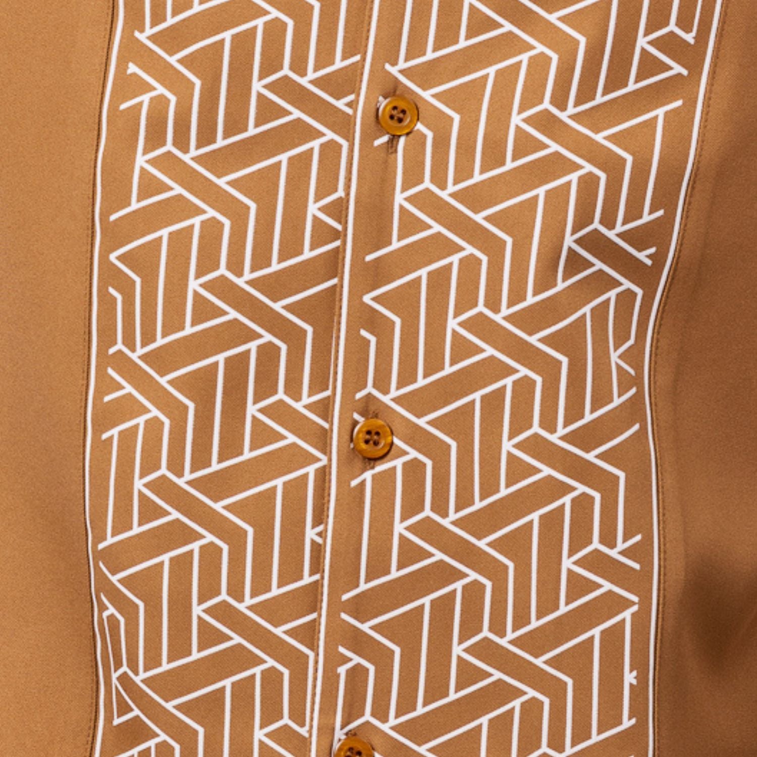 Cappuccino polyester men's walking suit shirt front close-up showing tonal geometric block panel puff detail.