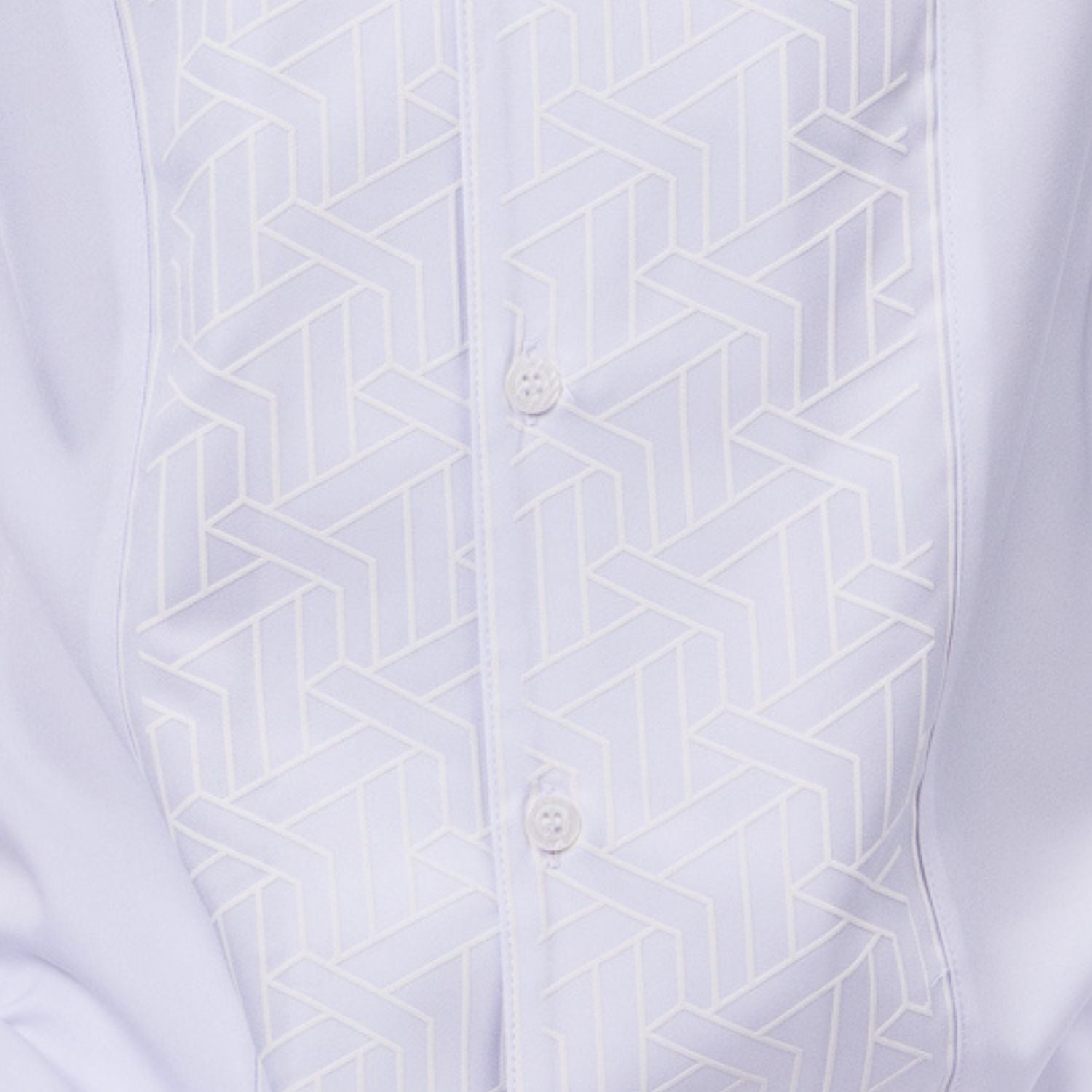 White polyester men's walking suit shirt front close-up showing tonal geometric block panel puff detail.