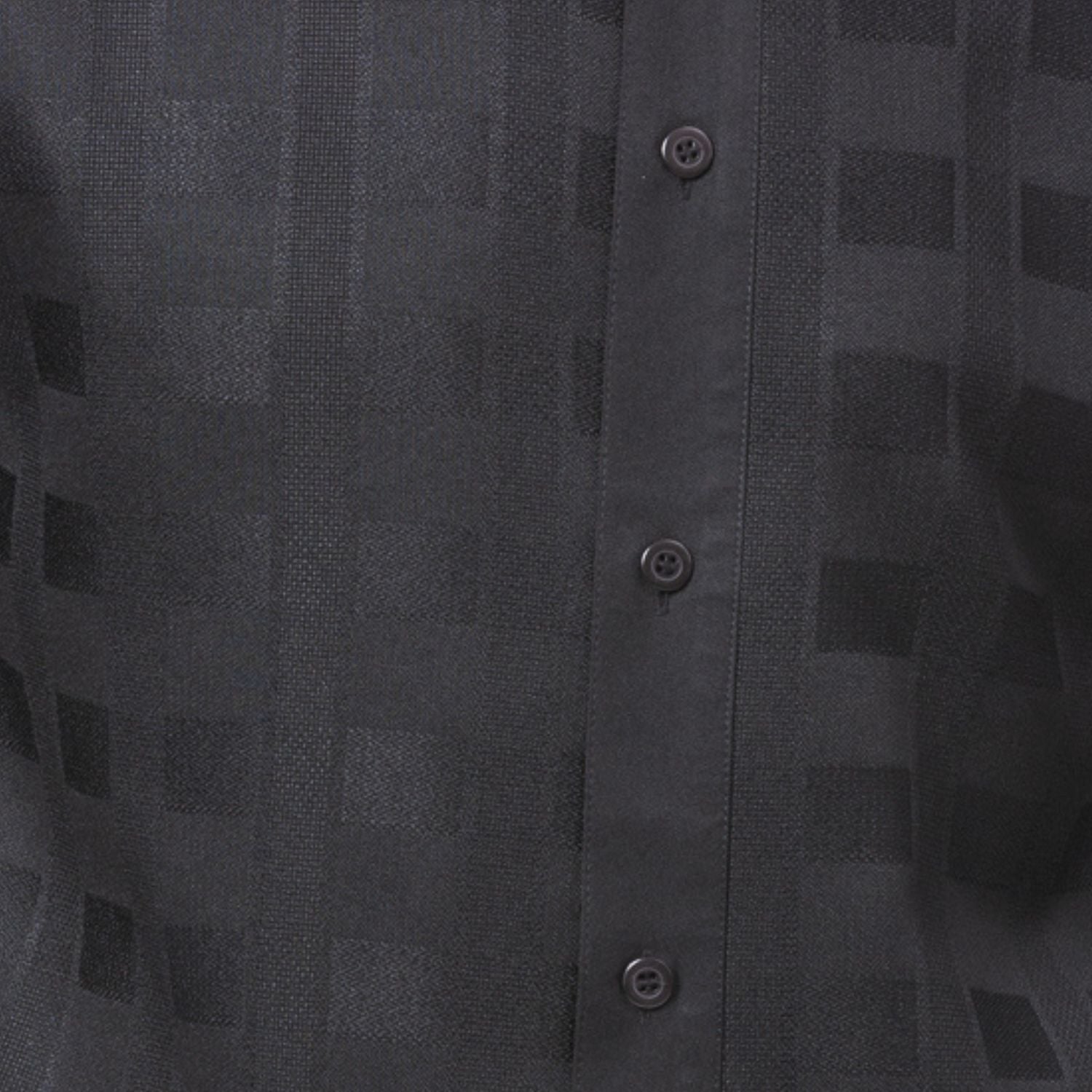Close-up of black walking suit shirt showing the detailed textured tone-on-tone weave pattern.