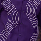 Close-up of purple walking suit shirt showing the detailed tonal multi-row puff stitched curved lines.