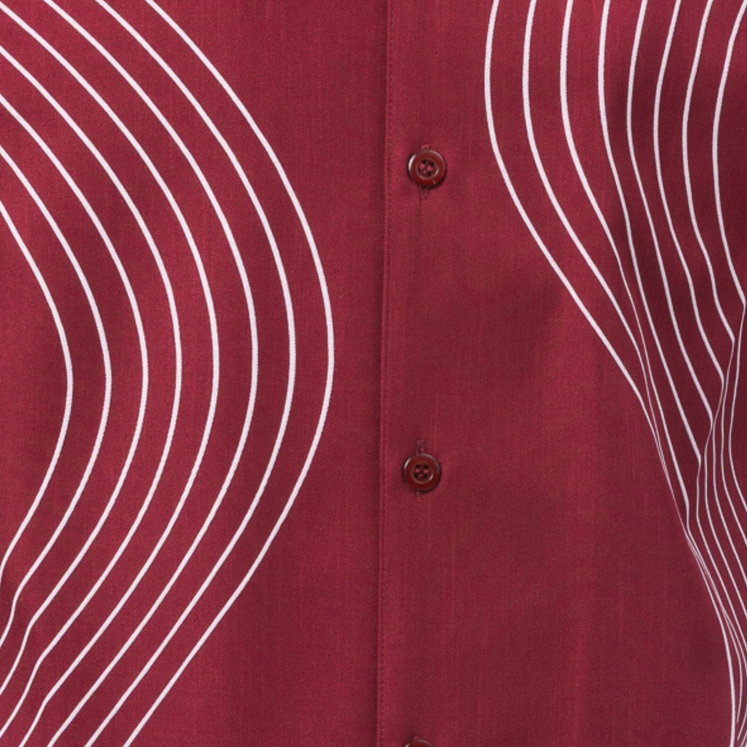 Close-up of ruby walking suit shirt showing the detailed tonal multi-row puff stitched curved lines.