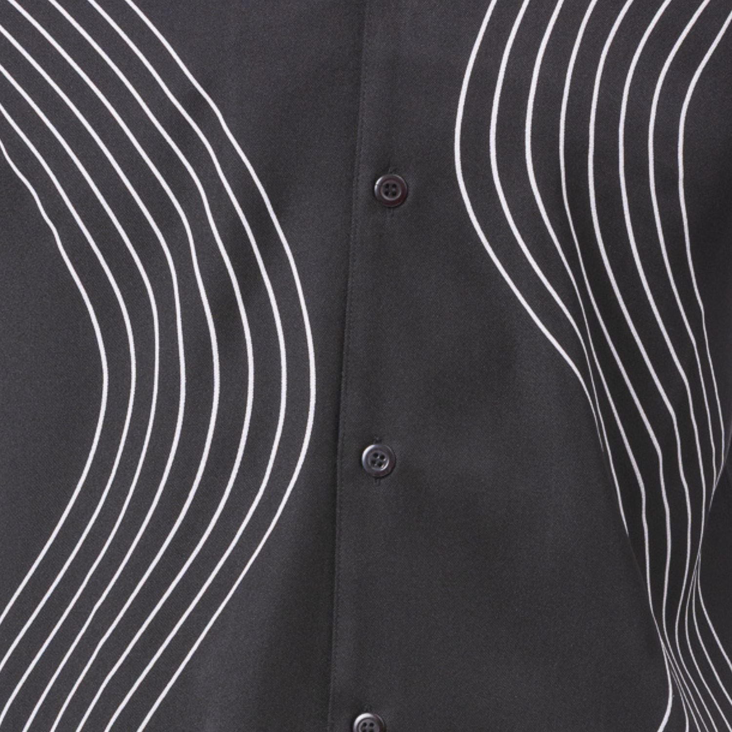 Close-up of black walking suit shirt showing the detailed tonal multi-row puff stitched curved lines.