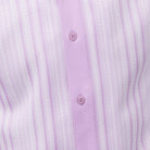 Close-up of lavender and white woven vertical stripe panel detail on a men's short sleeve walking suit shirt.