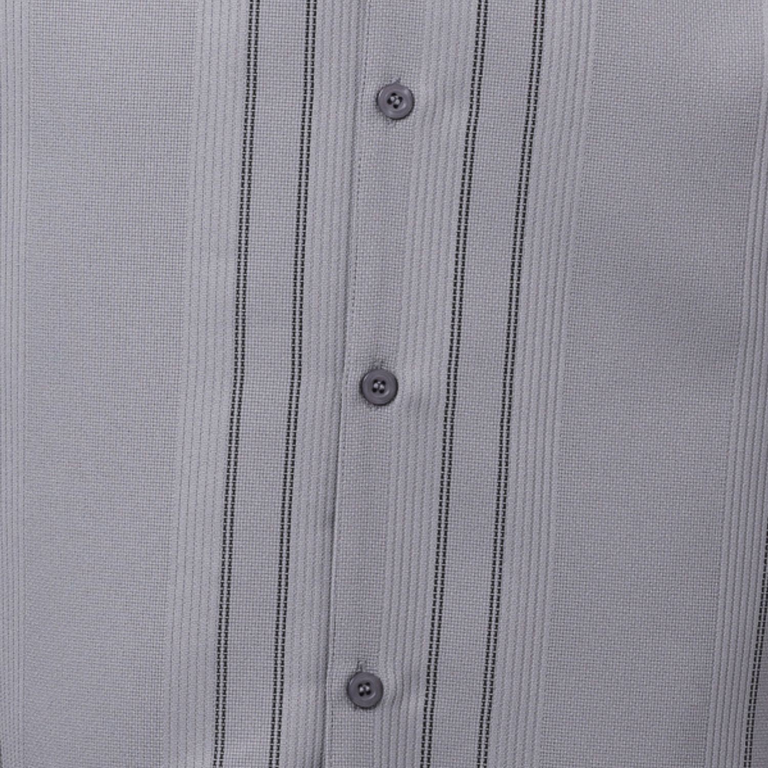 Close-up of grey walking suit shirt showing the detailed textured micro-grid and vertical line paneling.