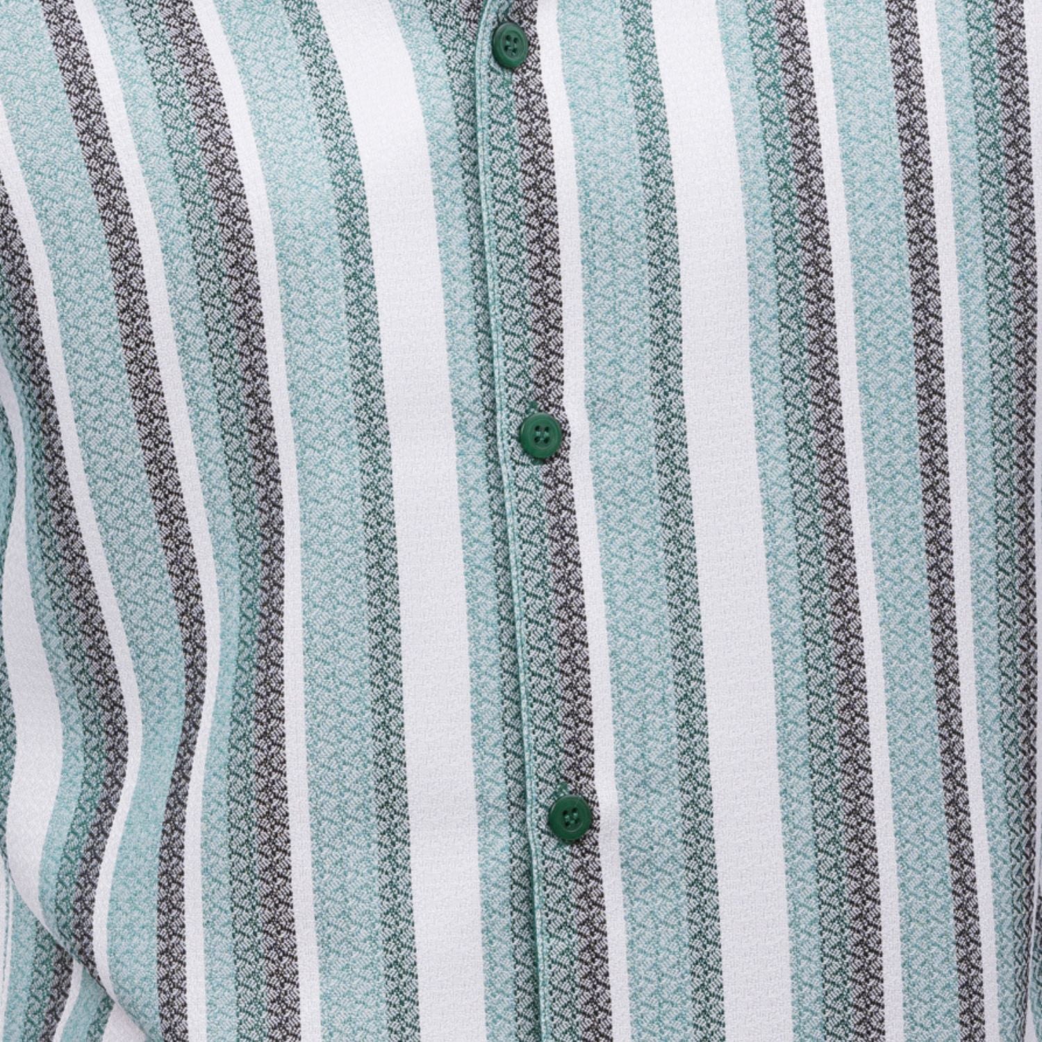 Close-up of emerald green walking suit shirt showing the detailed vertical striped pattern in white and grey.