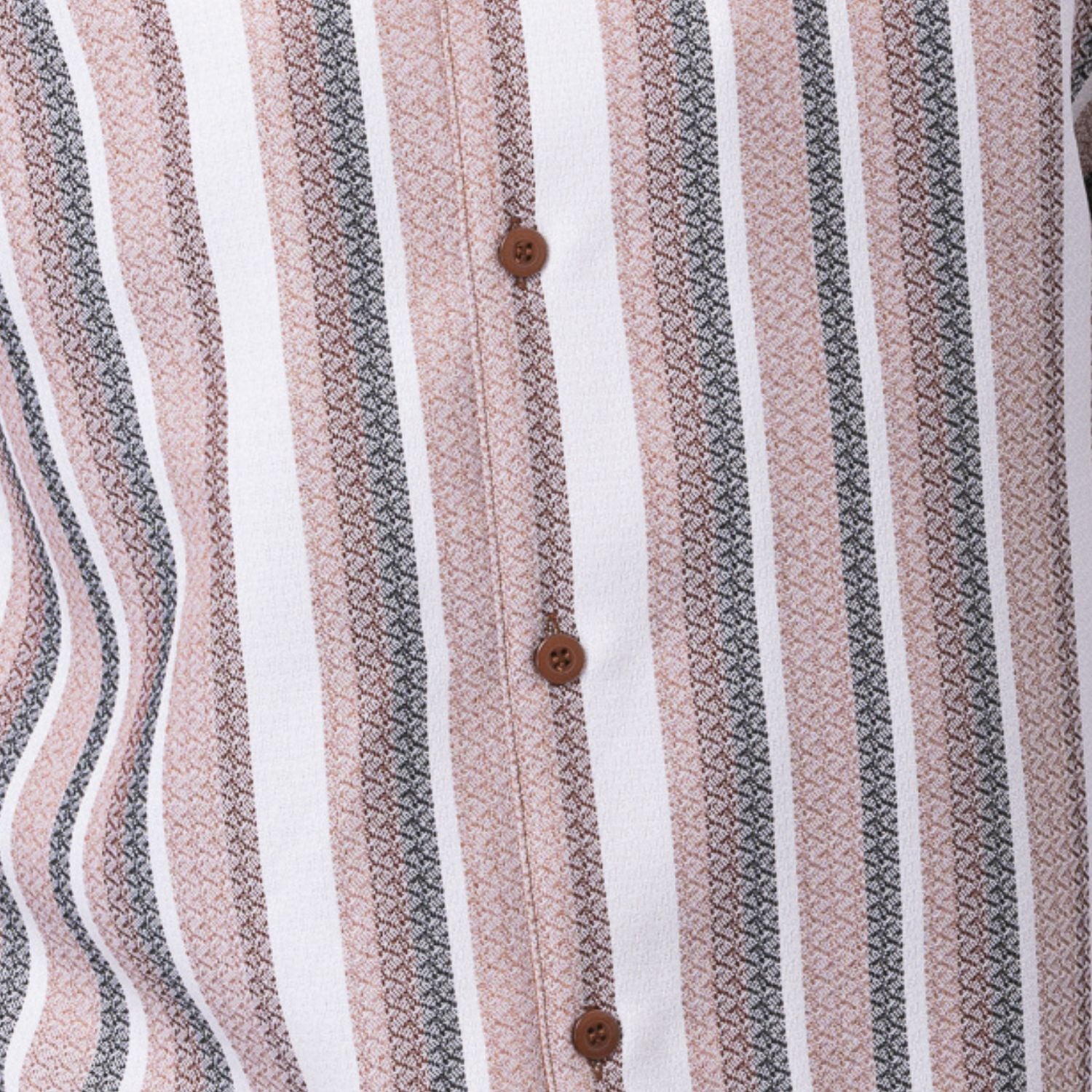 Close-up of cognac walking suit shirt showing the detailed vertical striped pattern in white and grey.
