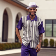Montique Purple Vertical Stripe Walking Suit