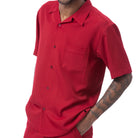 Front view of the red solid short sleeve men's walking suit shirt.