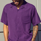 Front view of the purple solid short sleeve men's walking suit shirt.