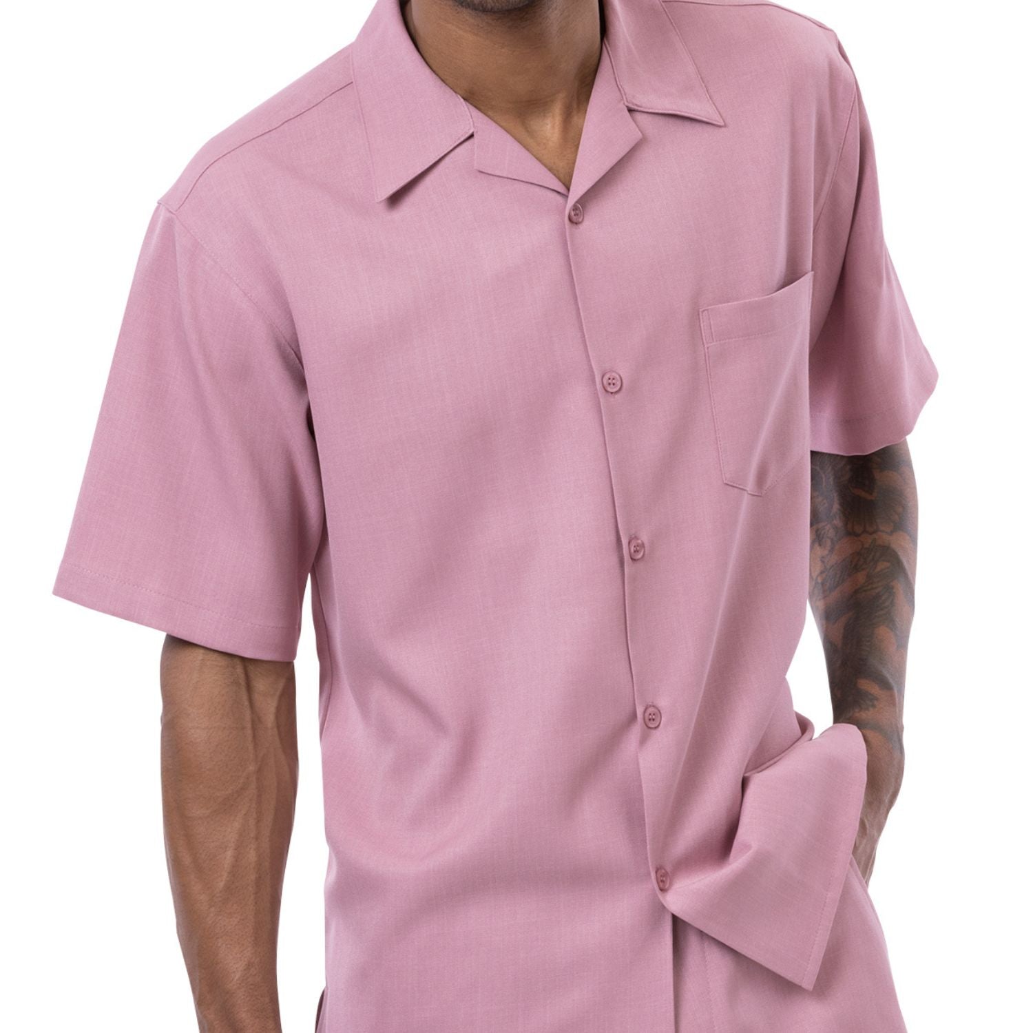 Front view of the rose solid short sleeve men's walking suit shirt.