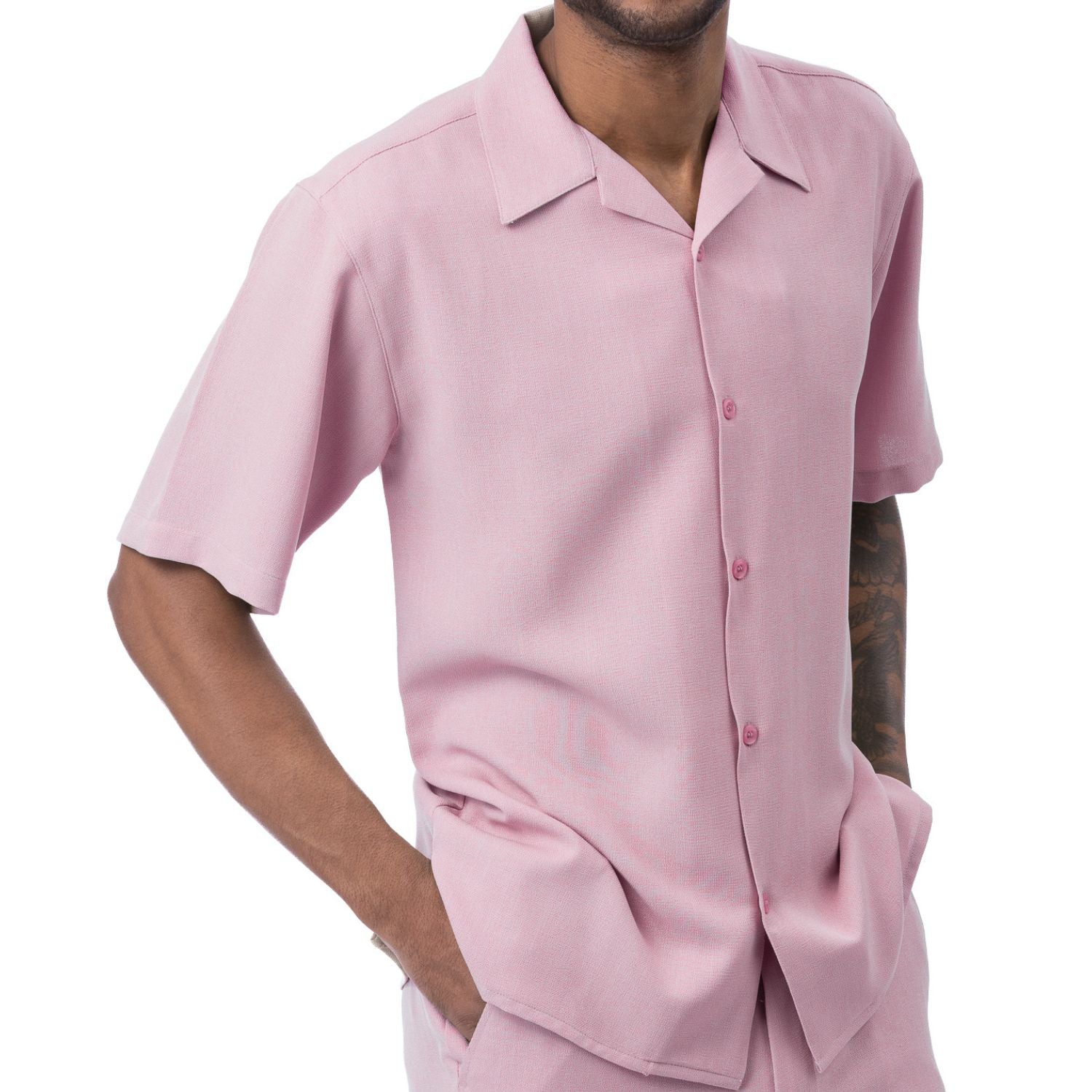 Front view of the blush short sleeve walking suit shorts set on a model.