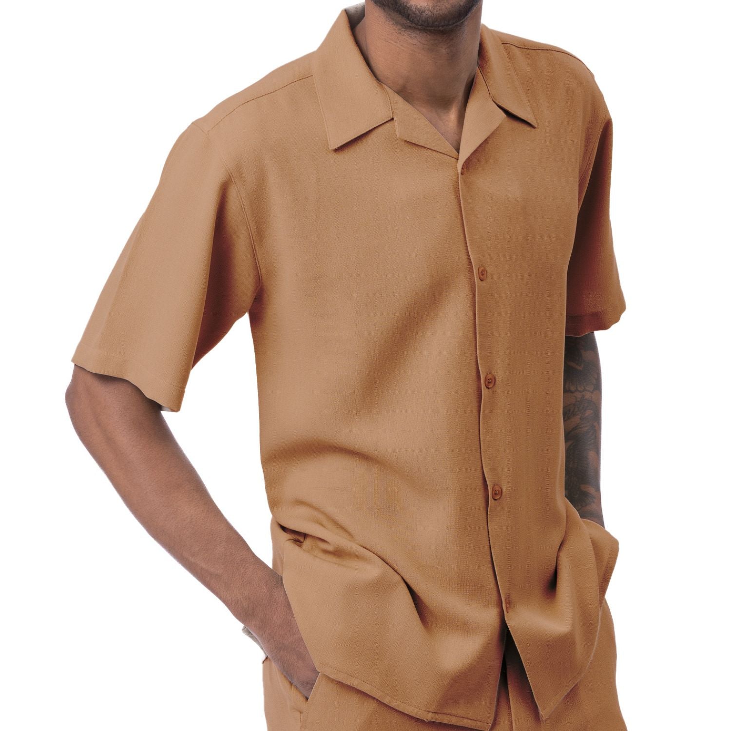 Front view of the cappuccino short sleeve walking suit shorts set on a model.