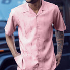 Front profile of the pink Azure Sands Collection shirt showing the relaxed fit and short sleeve construction.