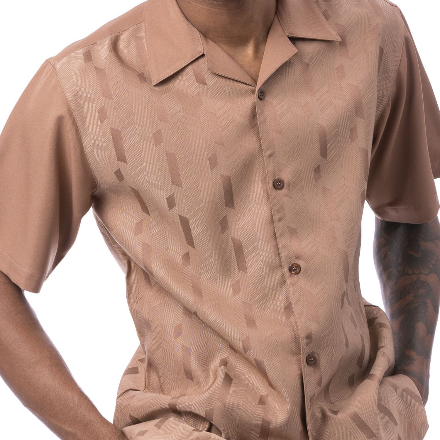 Front profile of the mocha Azure Sands Collection shirt showing the relaxed fit and short sleeve construction.