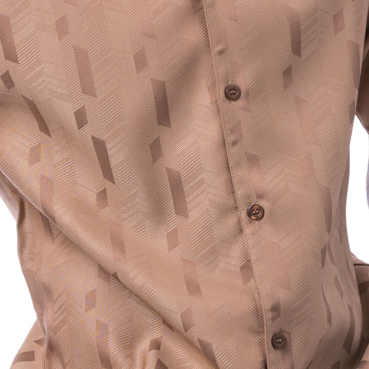 Close-up of the mocha walking shirt showing the subtle vertical textured pattern and premium fabric quality.