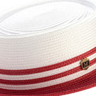 Men’s red pork pie hat with flat crown and upturned brim detail