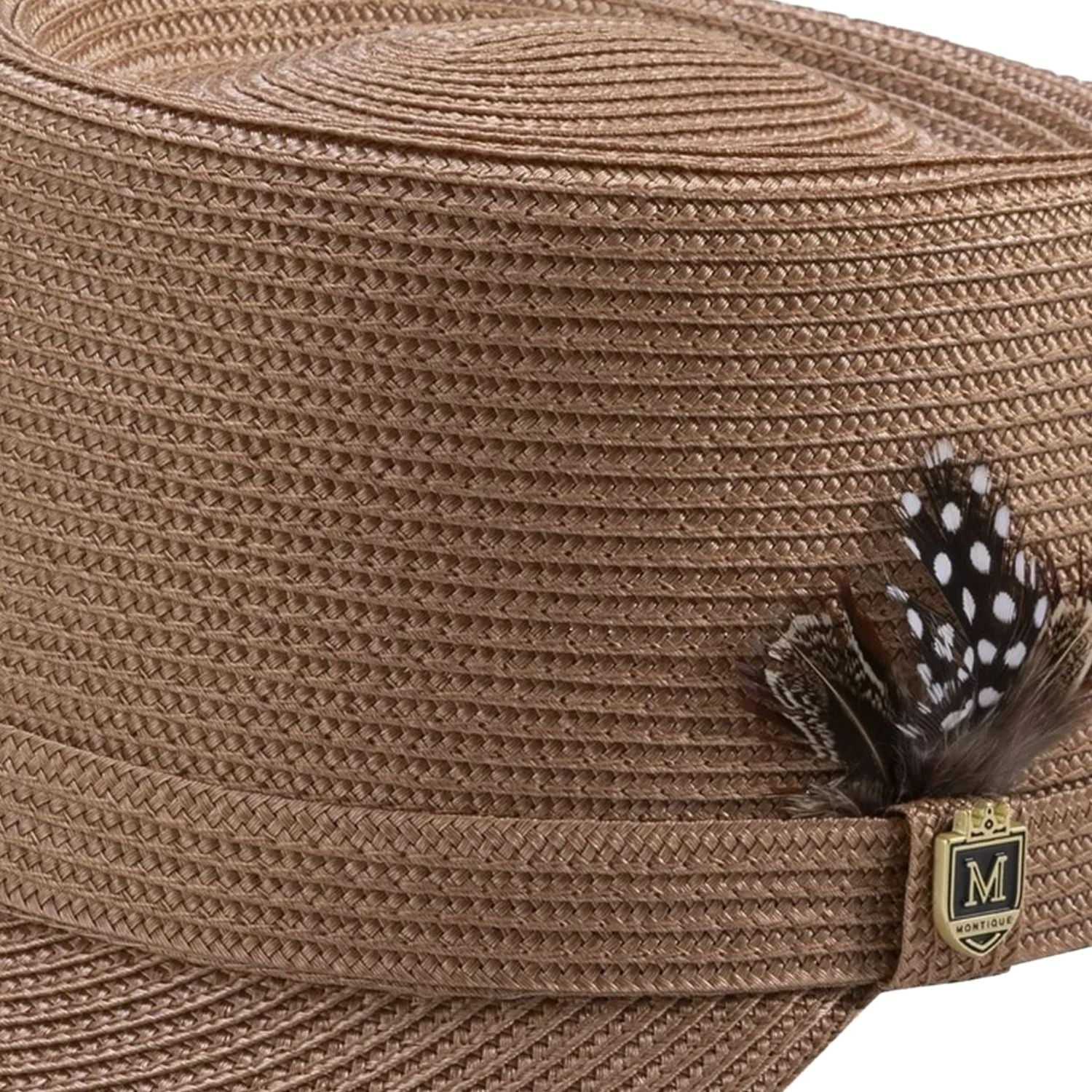 Side profile of the apricot Eleganza Collection legionnaire hat showing the structured crown and braided texture.