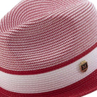 Side view red fedora hat with braided crown and ribbon band