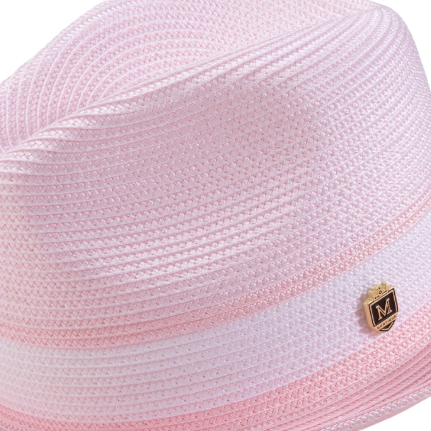 Side view pink fedora hat with braided crown and ribbon band