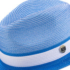 Side view cobalt fedora hat with braided crown and ribbon band