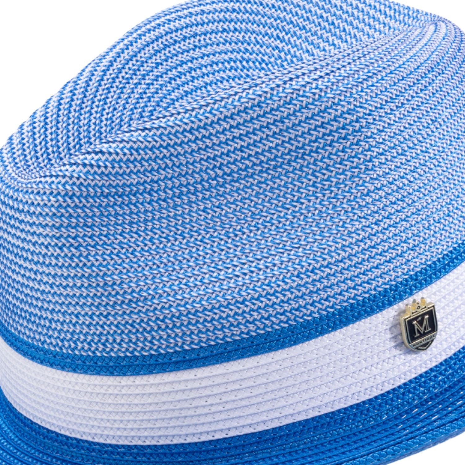 Side view cobalt fedora hat with braided crown and ribbon band